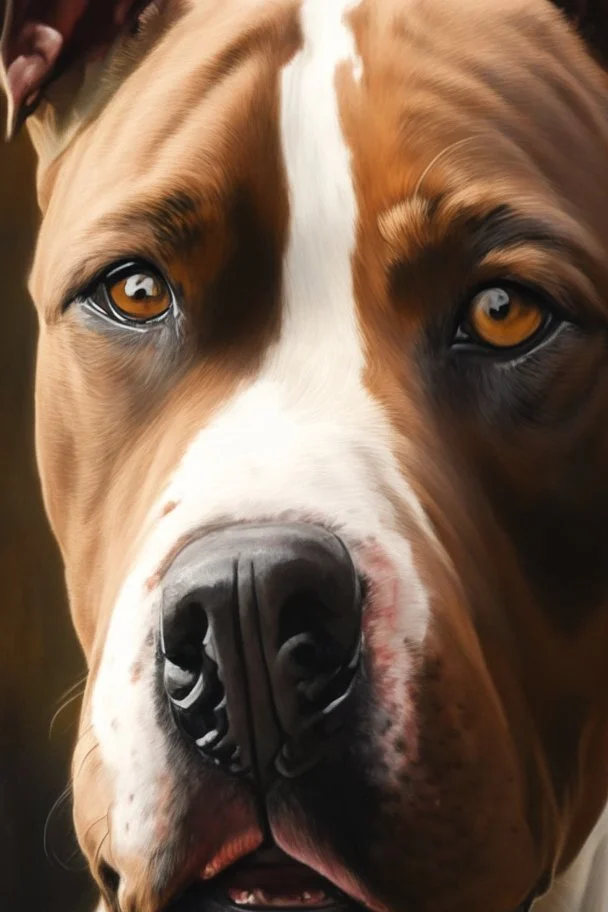 up close realistic oil painting of a pitbull dog, brown in colour with small white line between eyes,in impasto style, thick strokes of oil paint