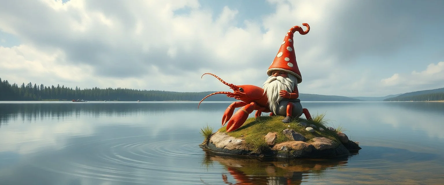 airbrush rendering, mushroom lobster gnome on small island in lake, pinhole cam