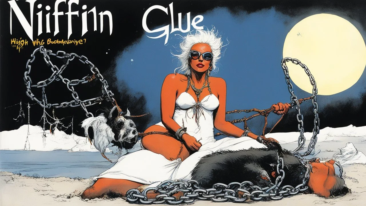 NIFFIN’ GLUE magazine #871 (Vroker 834) high res photo cover by Ralph Steadman: special 'boundage with heavy chains for her' issue; guest star : Lilitha Embervein in nightgown and diapers, daughter of the flame-wielding cult of Pyr’Zhar,