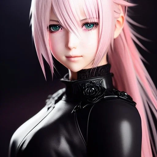 Detailed girl, woman, pink hair, pink colored eyes, yorha 2b hairstyle, au'ra (final fantasy), scaled horns coming out the side of the head, intricate details, full body portrait, keep head in frame, slight smile, black Japanese motif, concept art, highly detailed, digital painting, concept art, A very cute girl full body,wearing a short skirt, au'ra scales