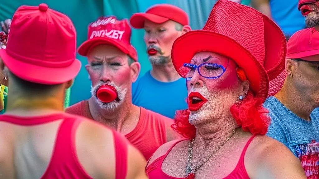 many men wearing red trucker hats enjoy the drag queens that tell stories to children