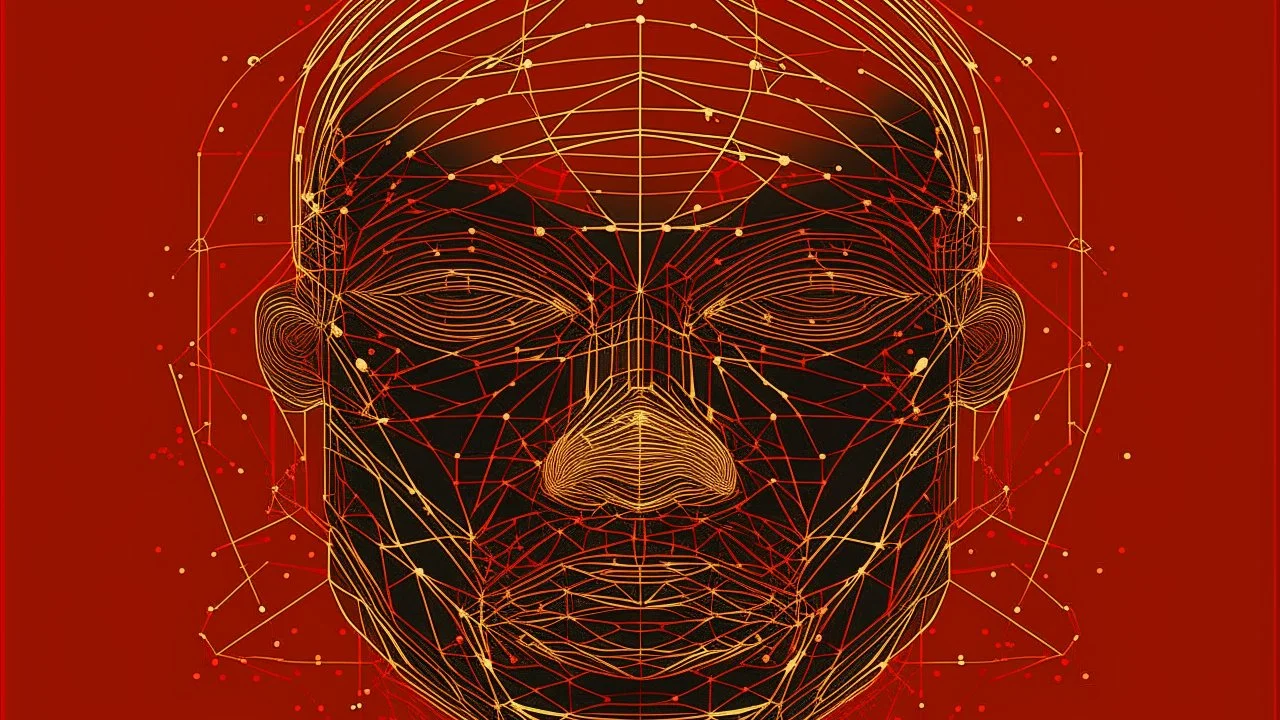 In an abstract and minimalist world, Minimalist portrait: a silhouette of an African face outlined in red and golden lines and dots, afrofuturism