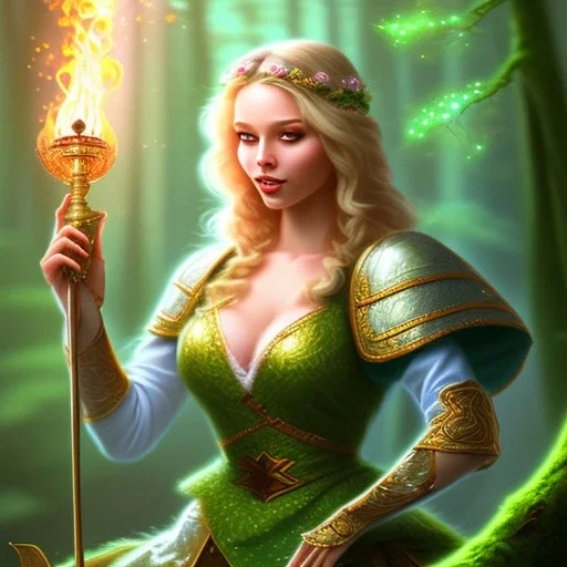 romantic fantasy spray painting, portrait of cute smiling green eyed blonde robed bard poet with cute ornament,sitting on a branch, loosing torch in magical forest by waterfall