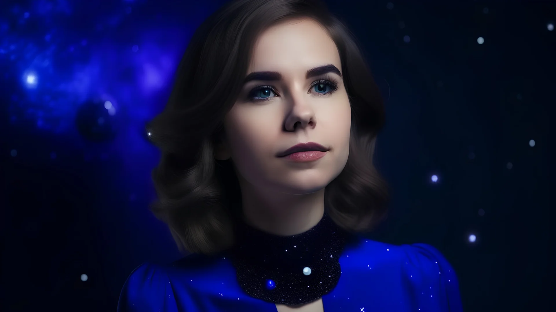 Portrait of pretty lady wearing a violet collar on space background