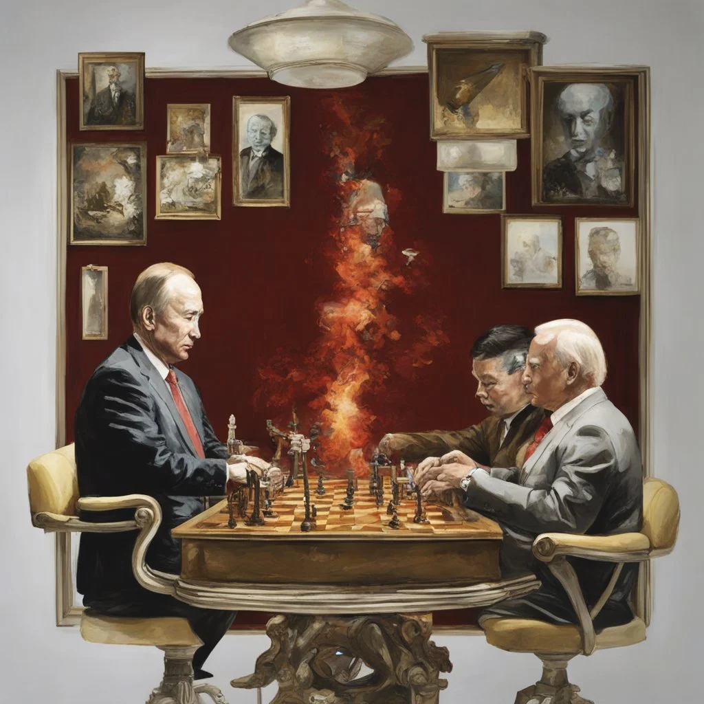 Putin, President Xi Of China And Joe Biden Play Chess With Atomic Bomb Mushroom Cloud,Complex Surgical Instruments Intermixed With A Newborn Boy,Minimalism,Painting By Adrian Ghenie,Rene Magritte,Pablo Picasso,Michelangelo,Salvador Dali,Lucian Freud