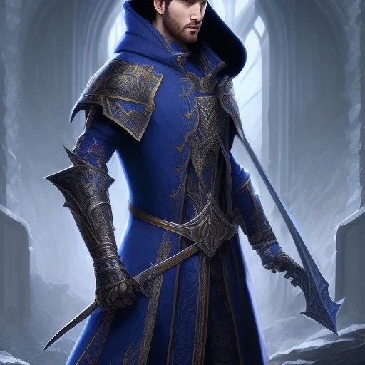 handsome hooded male mage with dark blue mage outfit with floral and botanical details, sharp eyes, mixed gemstones, magic, intricate, high details, dark gothic fantasy