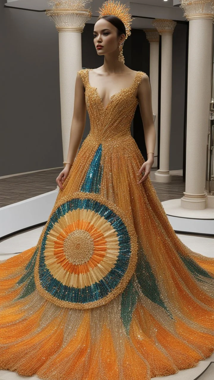 A mannequin wearing a dress, Philippines national custome dress inspired by Philippine sun, sunlight dress, Philippine sunlight Inspired dress, sun design sequins embroidery, very beautiful dress, fantasy dress, dress displayed on mannequin, beautiful, elegant, full body, full body frame, ultra realistic, aesthetic, yellow and orange pastel color, sequins, bedding, made of crystal, sexy, magical, fantasy, ethereal, sparkly, glowing, glittery dress, ruffle dress, gown, artistic style, beautiful a