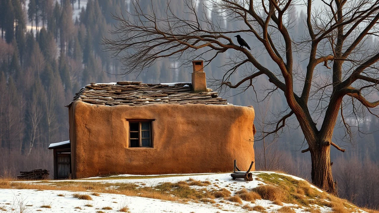 a lonely old adobe hut with worn adobe brown-gray wall and a small window, a crumbling roof, an old chimney stands on a hill, next to it is a small woodshed by the wall, and an old withered tree leans over the hut on thr old tree sitting a black crow, the hut stands on the edge of a European forest, winter, snowy landscape, low light, dawn, snow, high detailed, sharp focus, high realistic, perfect photo