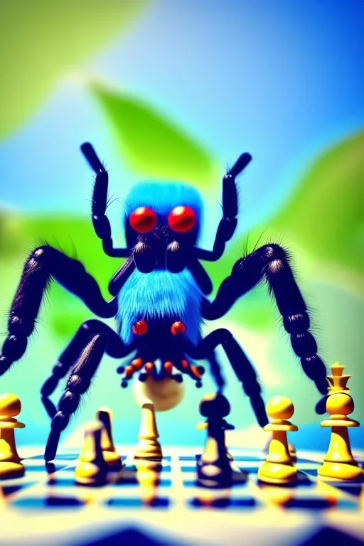 large hairy blue spider wearing a top hat and playing chess, photorealistic, blender render, wide angle lens, 4k, two birds, jungle,