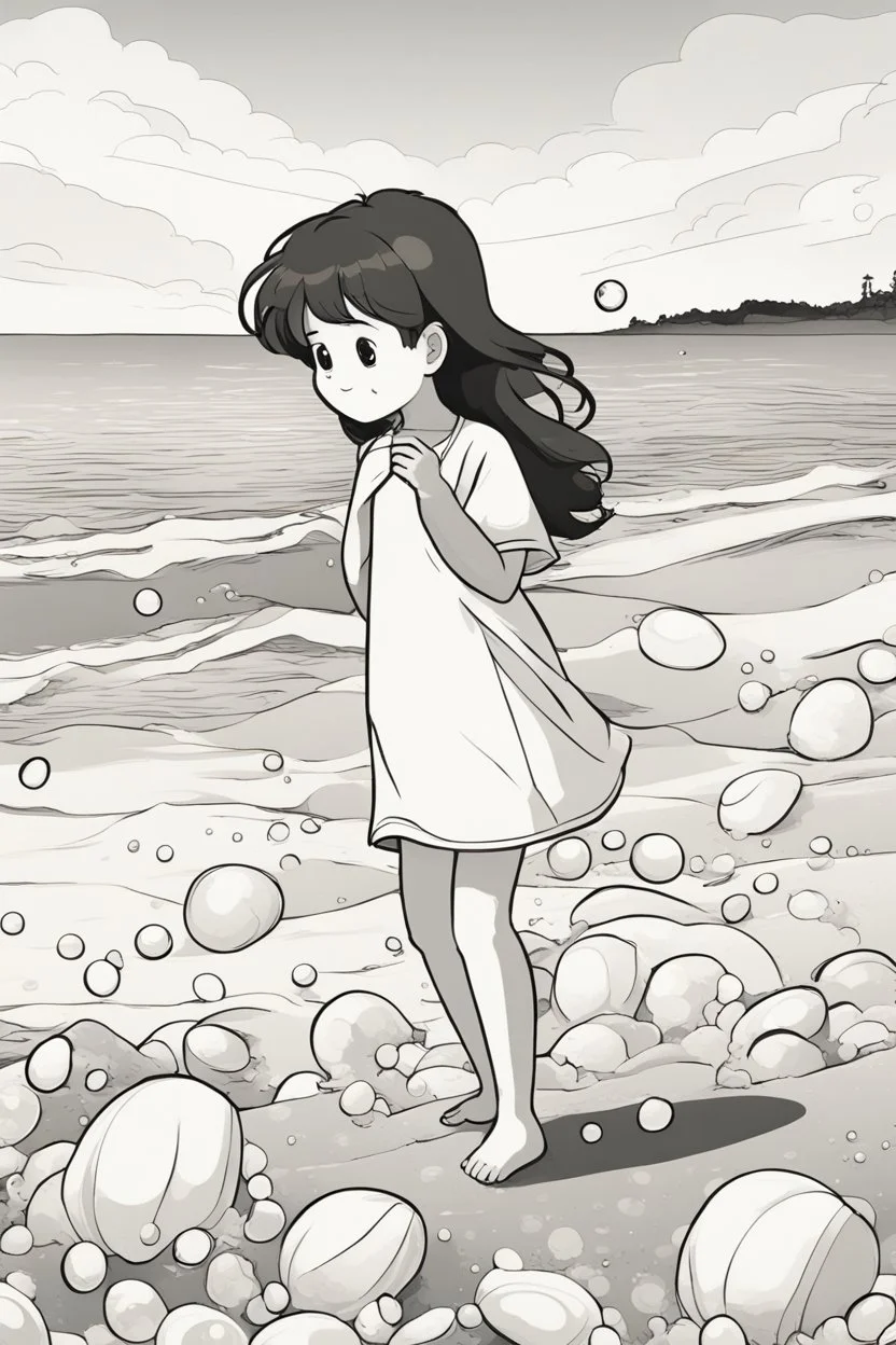 A little girl playing by the seashore, surrounded by oval-shaped seashells and bubbles. Use ovals for the seashells, bubbles, and the sun setting over the ocean.,very happy , Colloring page for todlliers ; basic hawali style cartoon , black and white , ink outlines , , smooth , anime style , minimalist , cute eyes , full body , white shose , sketchbook , realistic sketch , free lines , on paper , character sheet , clean line art high detailed