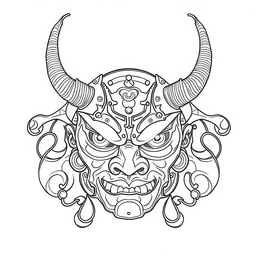 White, minimalis line art , oni mask japanes , vector, white background, outline, with images neatly contained within the background, just black and white color,