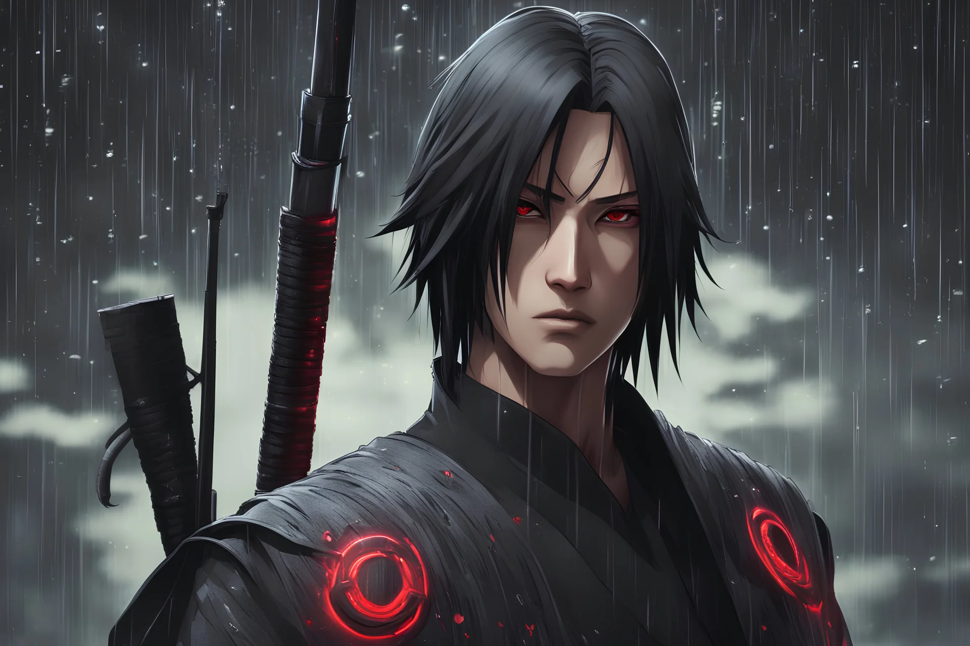 Itachi Uchiha in 8k nier automata artstyle, 2D them, Uchiha Custom, neon effect, close picture, rain, fantasy world, intricate details, highly detailed, high details, detailed portrait, masterpiece,ultra detailed, ultra quality