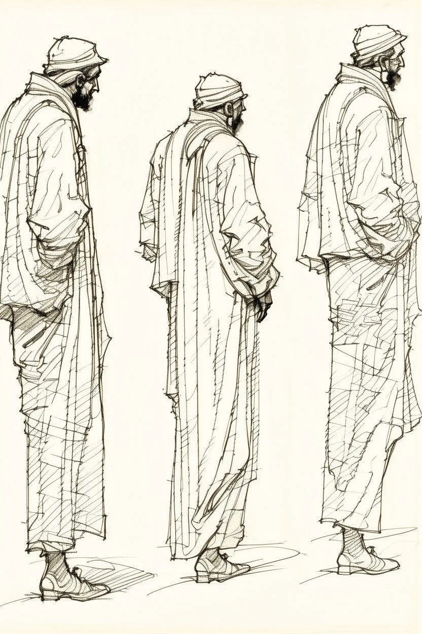 Sketches drawing the figure of an Arab man from his right side