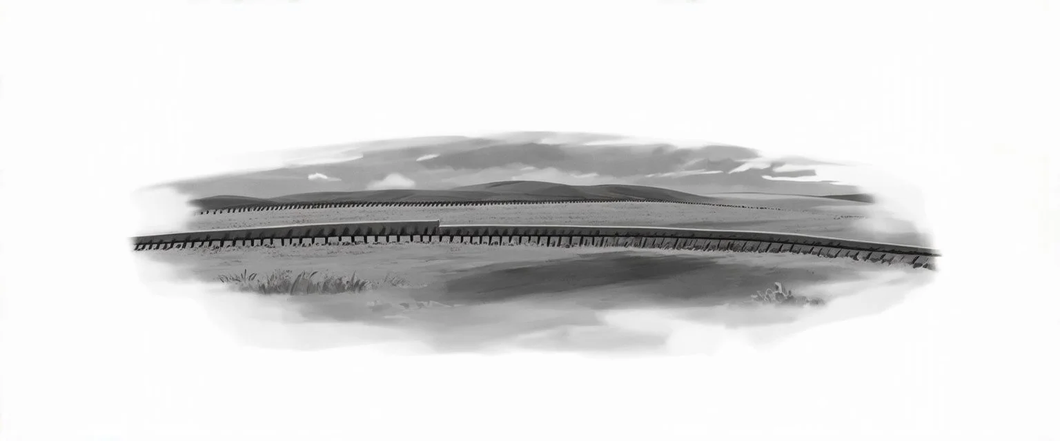 sideview of old western railway track, overcast sky, fields in background, from photo reference, add detail and realism