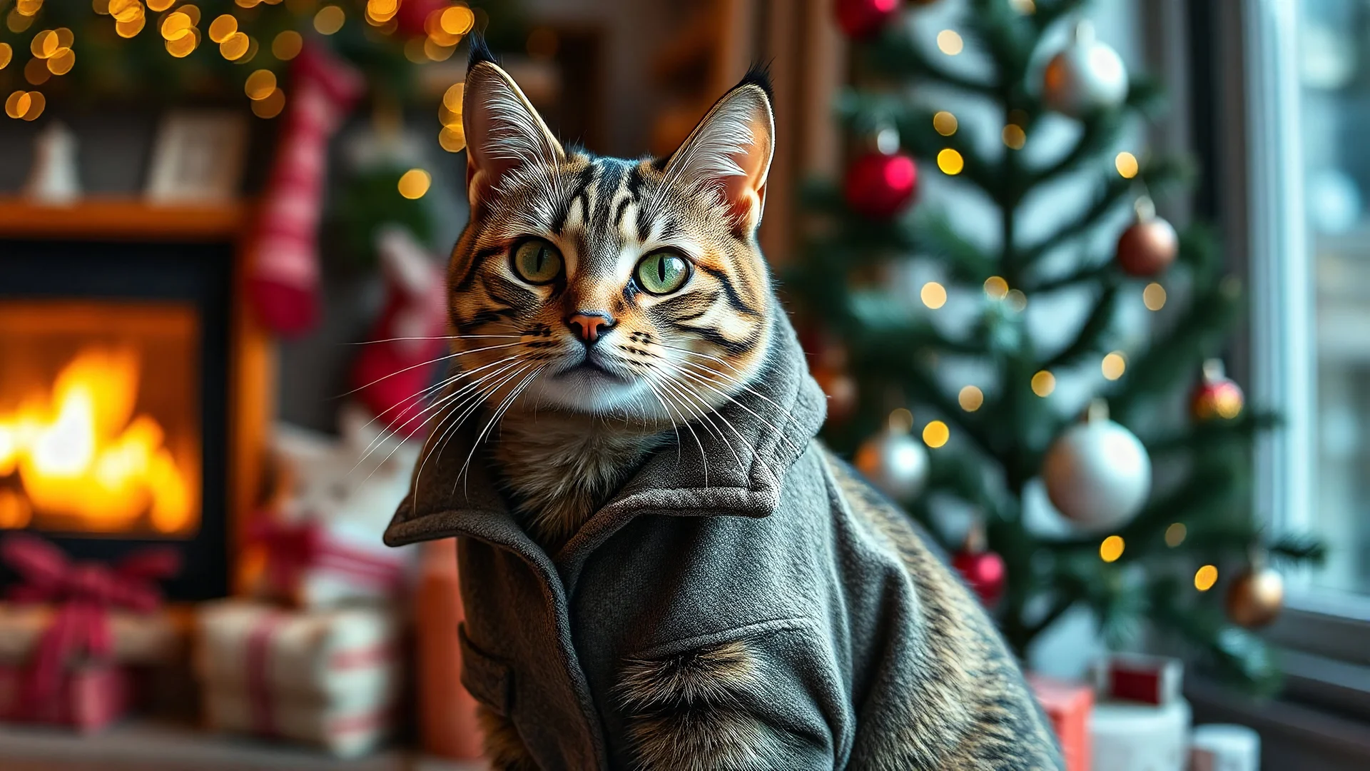 striped cat wearing a coat, in a cosy house near the Christmas tree