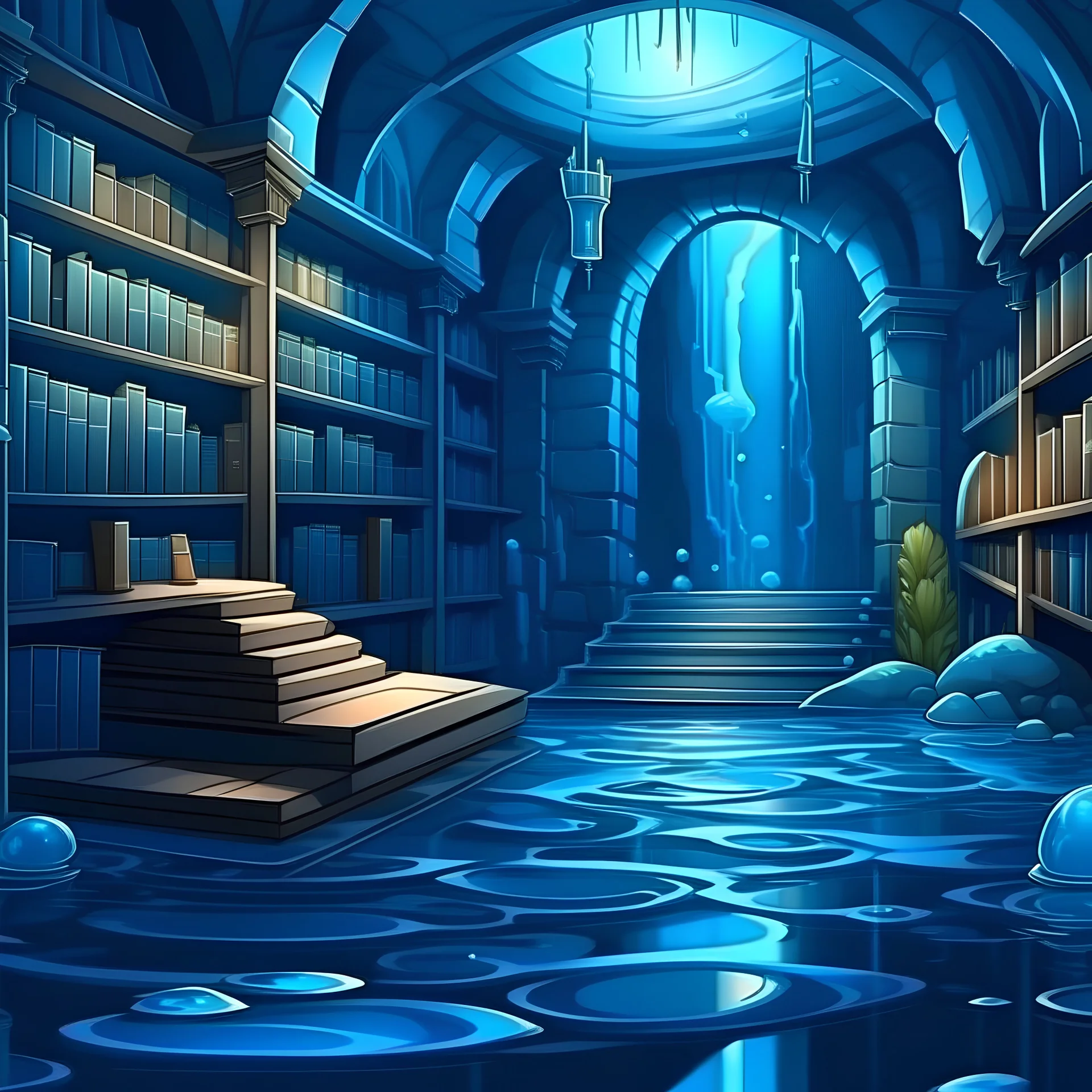 Fantasy cartoon blue underground magical library interior and large with grey stones, and water reflections