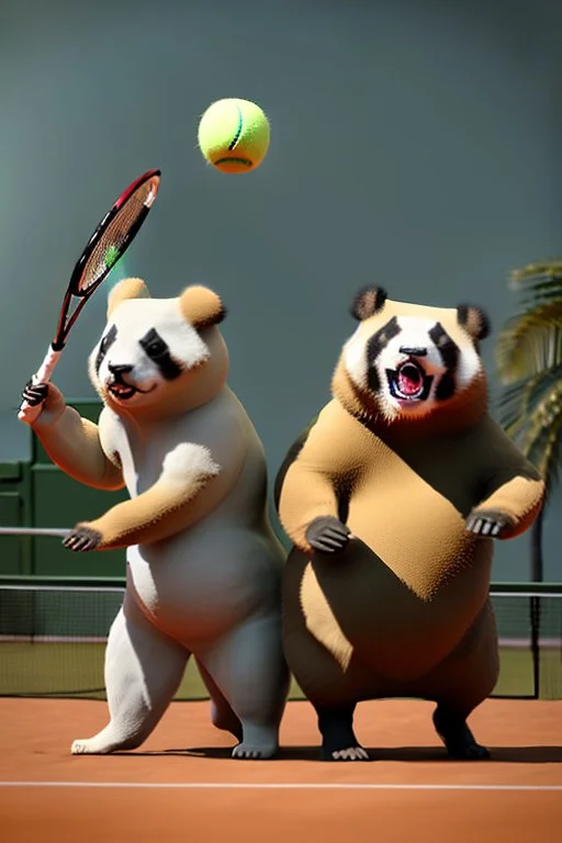 Egyptian gods playing tennis with fat pandas