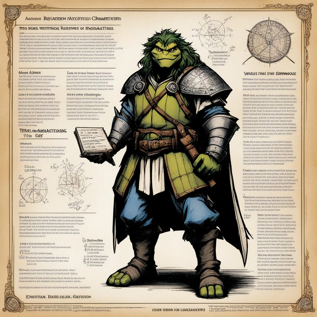 character concept sheet with AD&D statistics and characteristics, [illustration by Kevin Eastman and Peter Laird for TMNT] medieval mathematician science wizard with his grimoire of equations