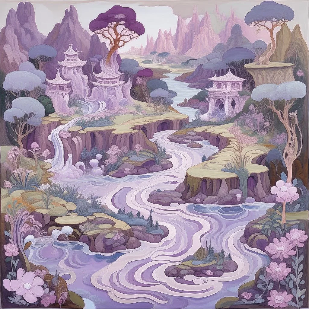 A light purple gorge with a swampy water river designed in Mexican folk art painted by Zhang Lu