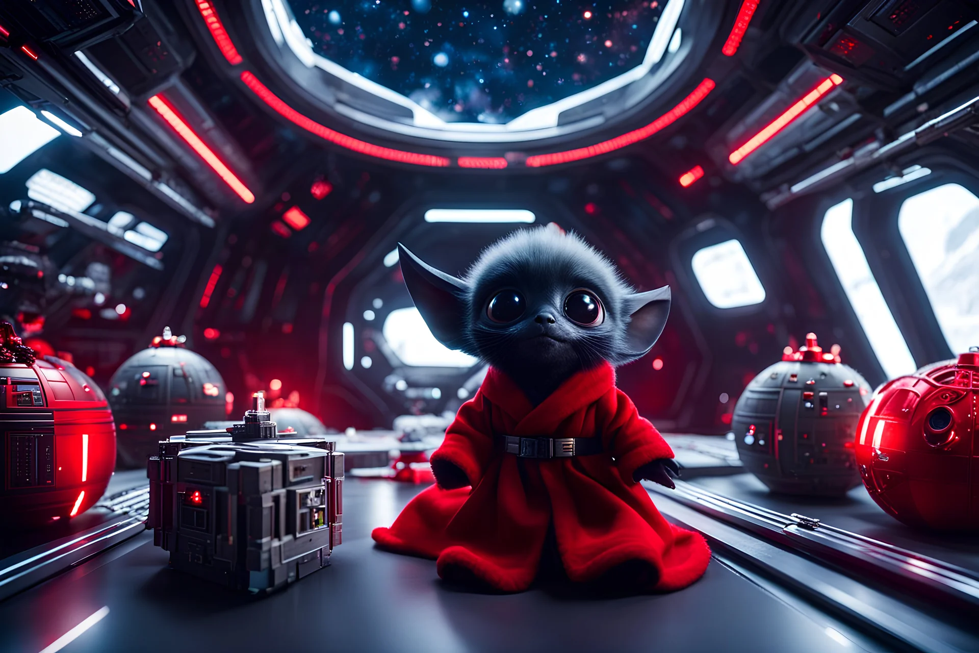 fluffy big eyed baby happy dragon sith lord in the space station hall in second death star with few space ships and a view to a star wars planet, and christmas tree and sith gifts, cinematic eye view