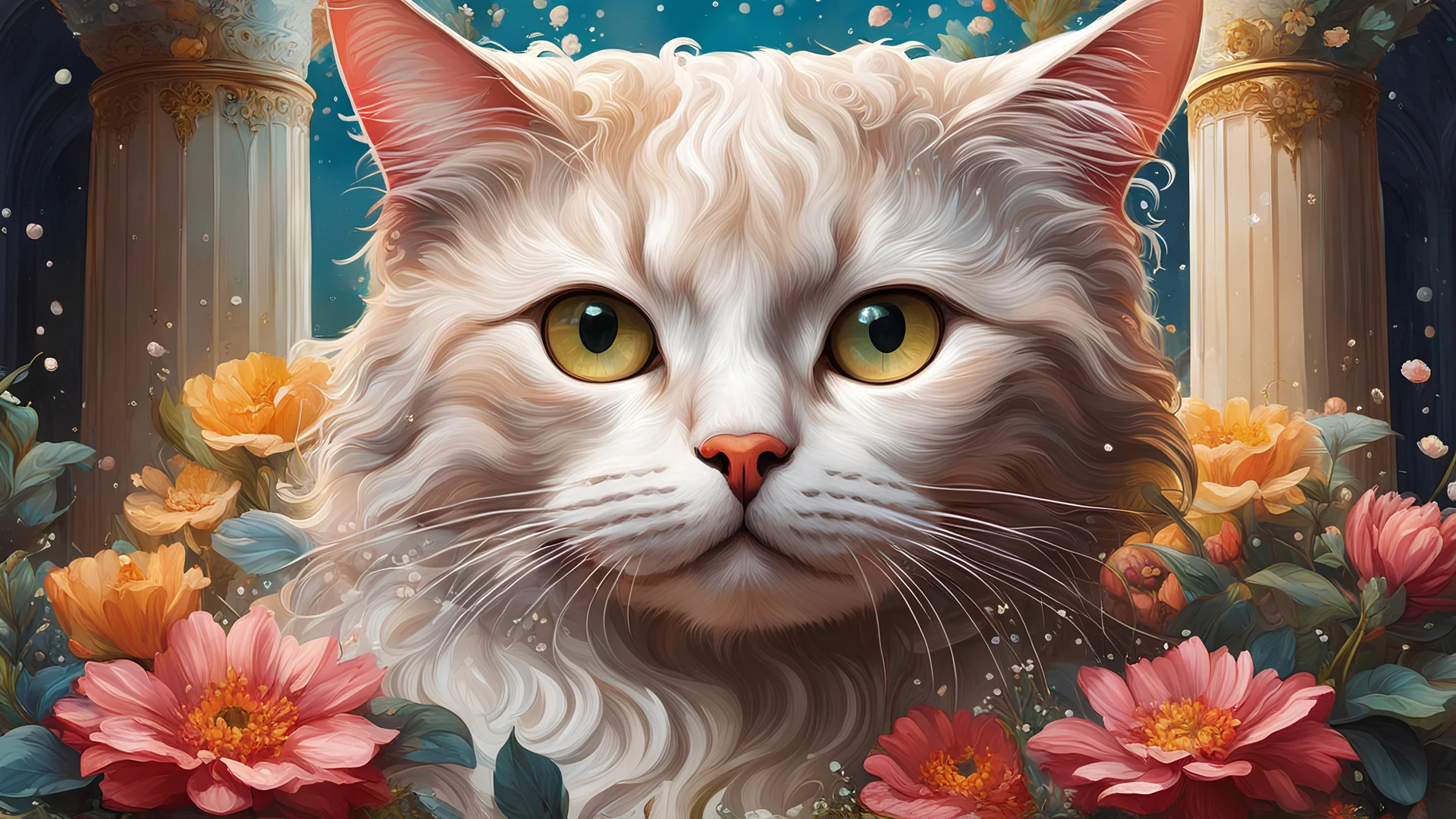 analog style, cat with huge eyes, bath, wet, foam, cockGreek columns, many flowers, God, delicate face with bloom by Sandro Botiicelli, Renaud Matgen, head and shoulders portrait, 8k resolution concept art portrait by Greg Rutkowski, Artgerm, WLOP, Alphonse Mucha dynamic lighting hyperdetailed intricately detailed Splash art trending on Artstation triadic colors Unreal Engine 5 volumetric lighting, centered, symmetry, painted,