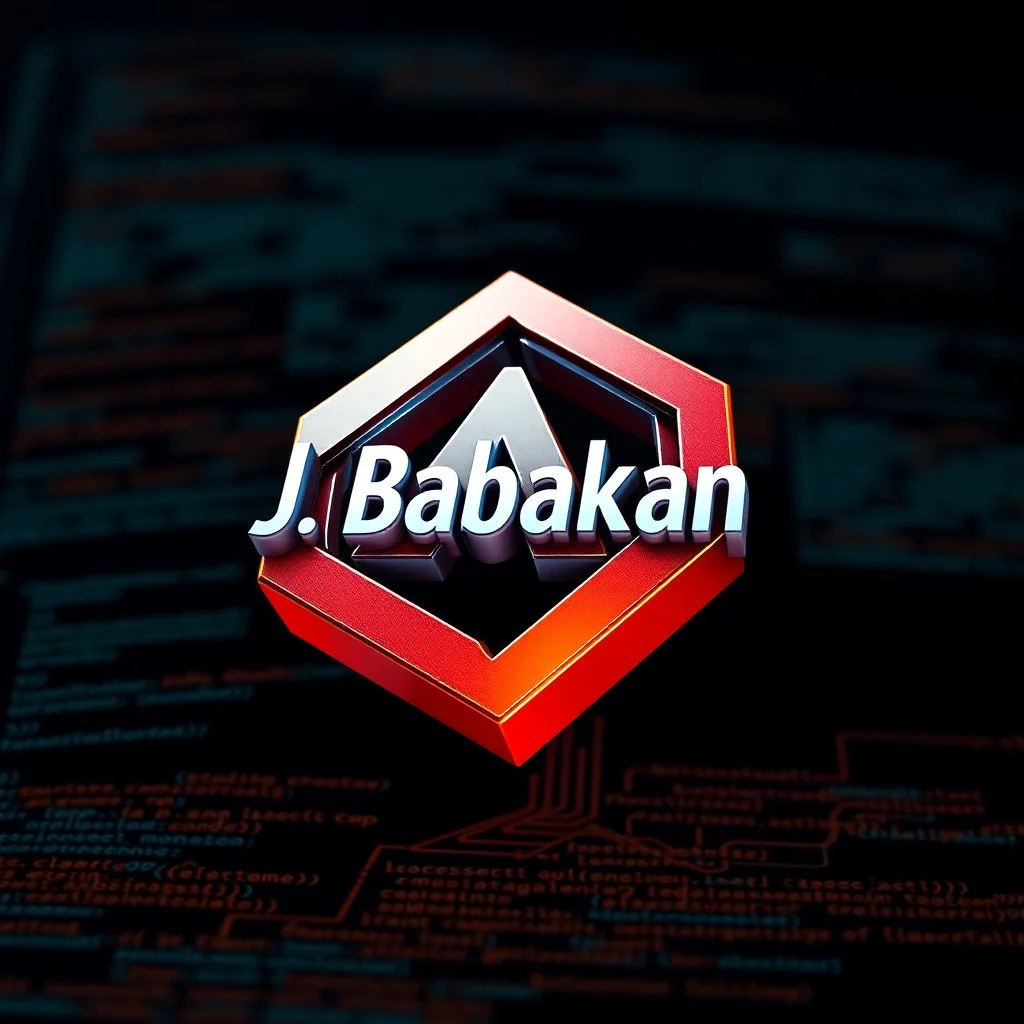 create a logo for me "J. Babakan" .i am an ai programmer artist i want a 3d graphical Logo ,ai ,code, flow charts blended at background