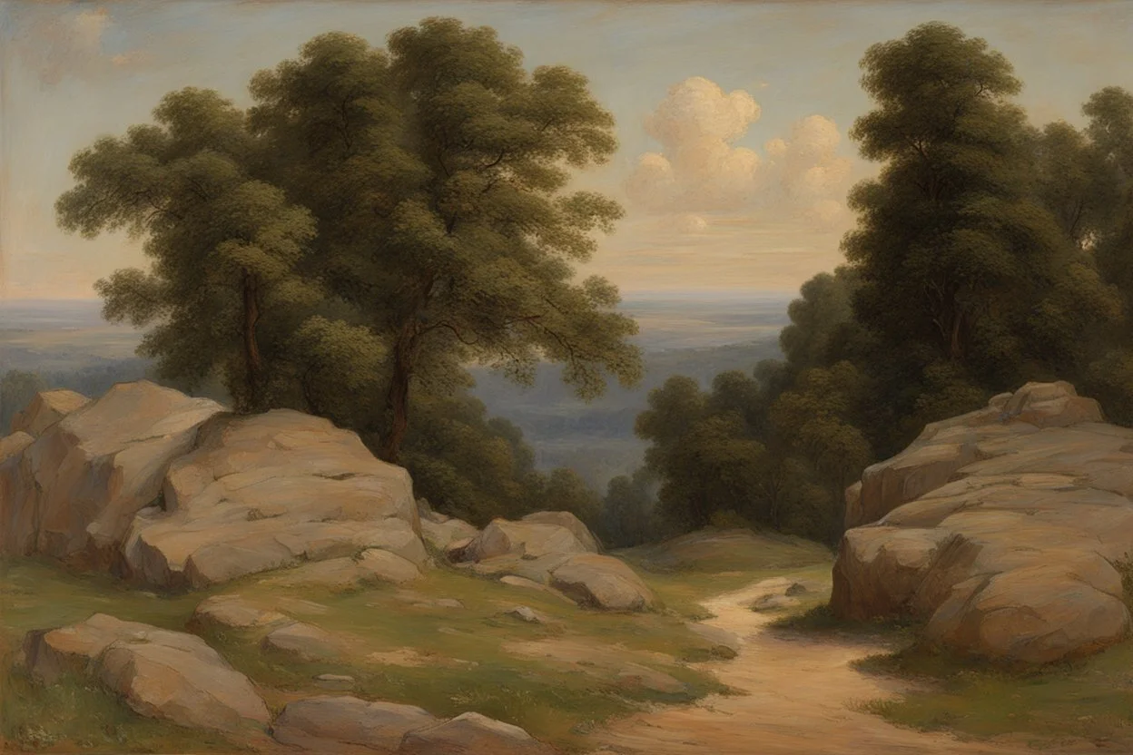 summer, trees, rocks, space and philosophic influence, ludwig dettman and friedrich eckenfelder impressionism painting