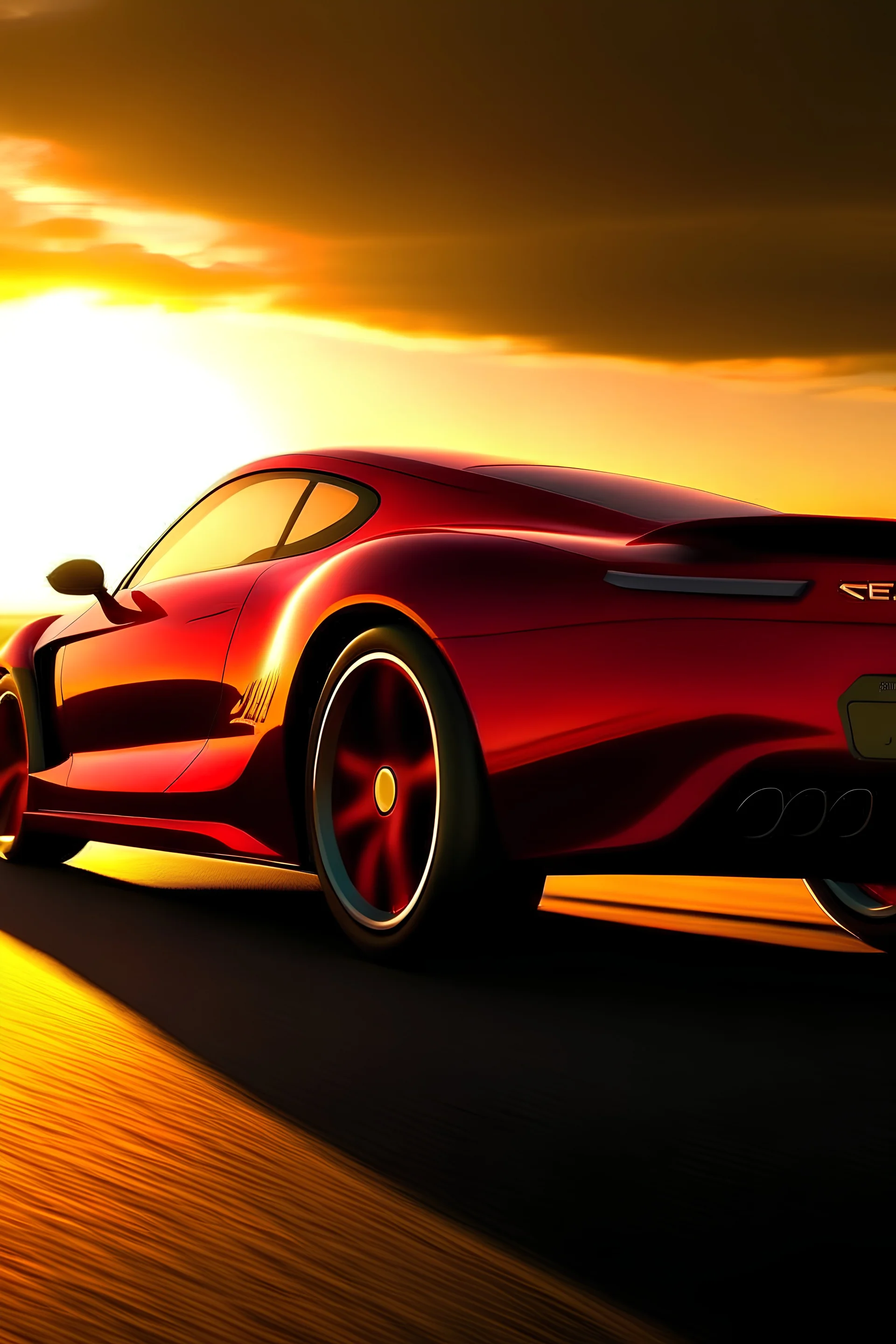 a sleek crimson car shines in a sunset as it zooms down a racetrack, the word 'speeder' is inscribed on its side