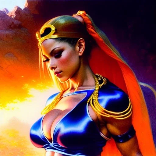 Drawing of beautiful face,busty Cammy-street fighter,intense stare,Minimal ancient armor, balanciaga fashion clothe painting by gaston bussiere, greg rutkowski, yoji shinkawa, yoshitaka amano, tsutomu nihei, donato giancola, tim hildebrandt, oil on canvas, cinematic composition, extreme detail,fit full head inside picture,16k