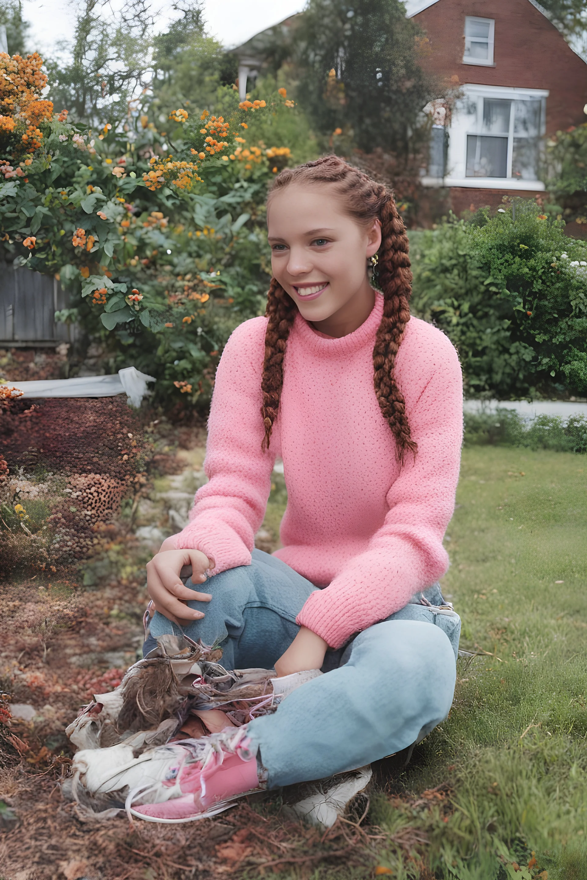 Sherrie Sue Engellant, a tiny 18-year-old girl with Long, auburn red-brown hair cornrow style, sea-green eyes, sitting in her front yard wearing a pink, knit, turtleneck sweater, blue jeans, black converse sneakers, a sly, clever grin on her face, (plump, full, pouty lips) ,