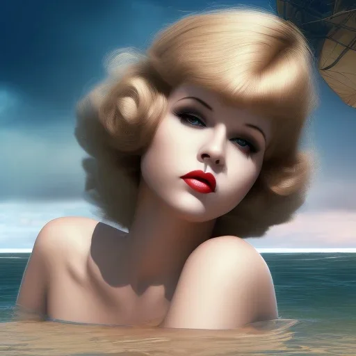 Aaron Carter with sexy Clara Bow, stormy seas, two people, Aaron Carter, romance, romantic, water, swimming, DAZ3D, by Michael Turner, soft lips, cinematic lighting, studio lighting, shine, 4K, fantastic view, girls at beach with her.