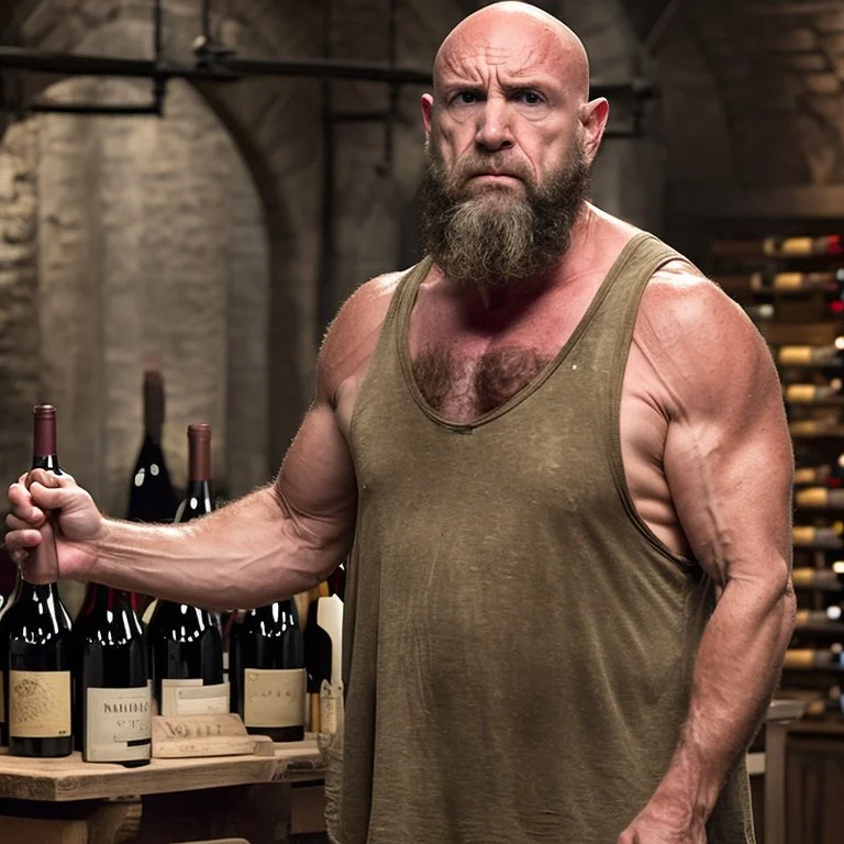 burly ugly 58 year old man bald with short beard and tank top manly chest chooses a bottle of wine in a cellar full of wine bottles dramatic light angry eyes highly detailed