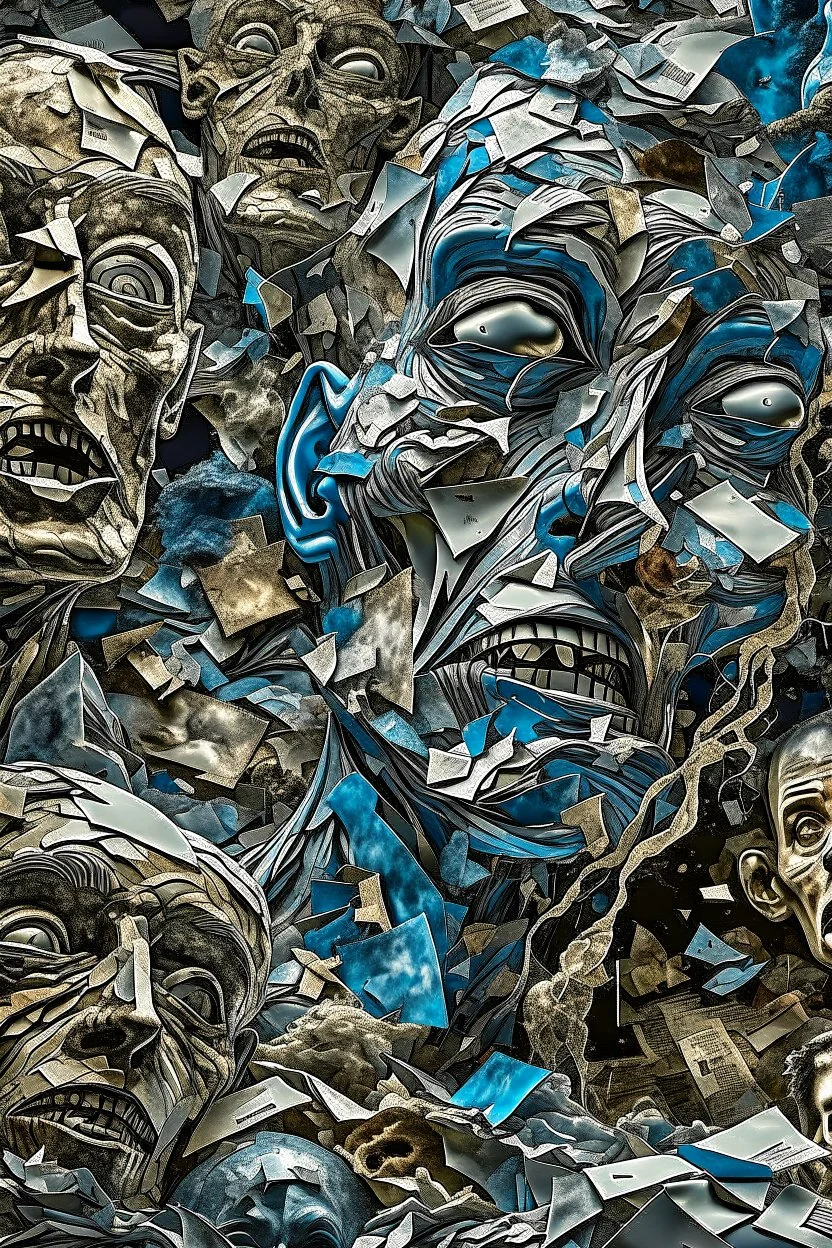 A collage about anxiety, distant faces, ghosts, ripped pieces is newspaper clippings, suffocating, abstract, chaos, epic photo, sharp on highly detailed skin with wrinkles and high contrast, photorealistic, 4K, 3D, realism, hyperrealism, detail, good lighting, detailed texture, modern photography style, 3D, 4D, 4K