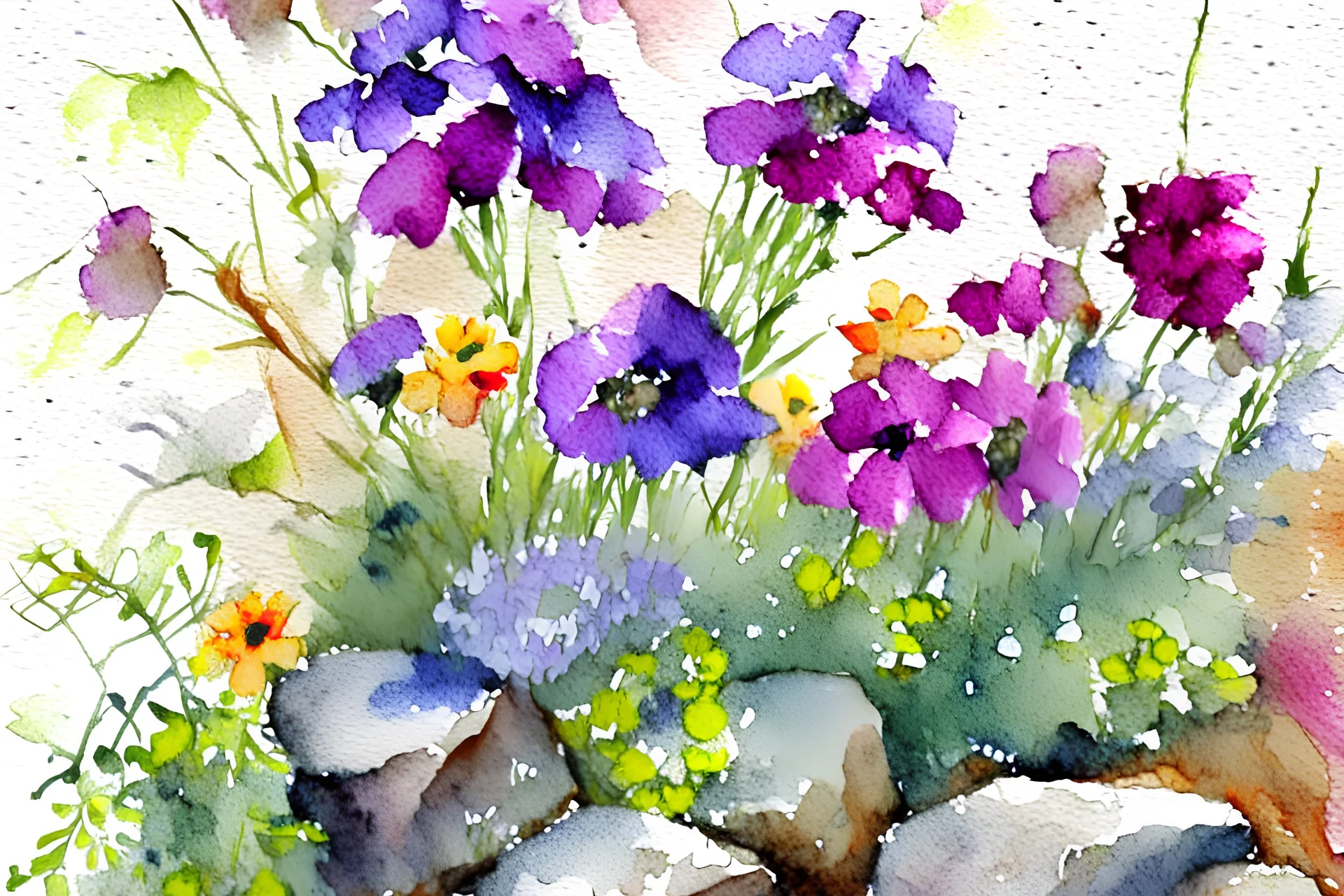 flowers, rocks, mountains, watercolor paintings