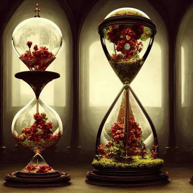 a gorgeous, stunning ornate hourglass with biosphere inside, 8k resolution, high-quality, fine-detail, photorealistic, intricate, digital art, detailed matte, volumetric lighting, illustration, 3D octane render, brian froud, howard lyon, George Grie, Ben Goossens