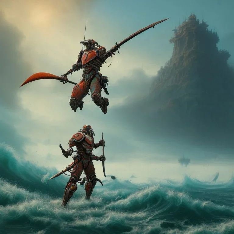 an ibis warrior in orange and green full battle armor, background of giant crashing ocean waves, a highly detailed illustration, realistic render, 8 k, micro detail, intricate, elegant, centered, digital painting, smooth, sharp focus, illustration, artgerm, tomasz alen kopera, peter mohrbacher, donato giancola, joseph christian leyendecker, wlop, boris vallejo