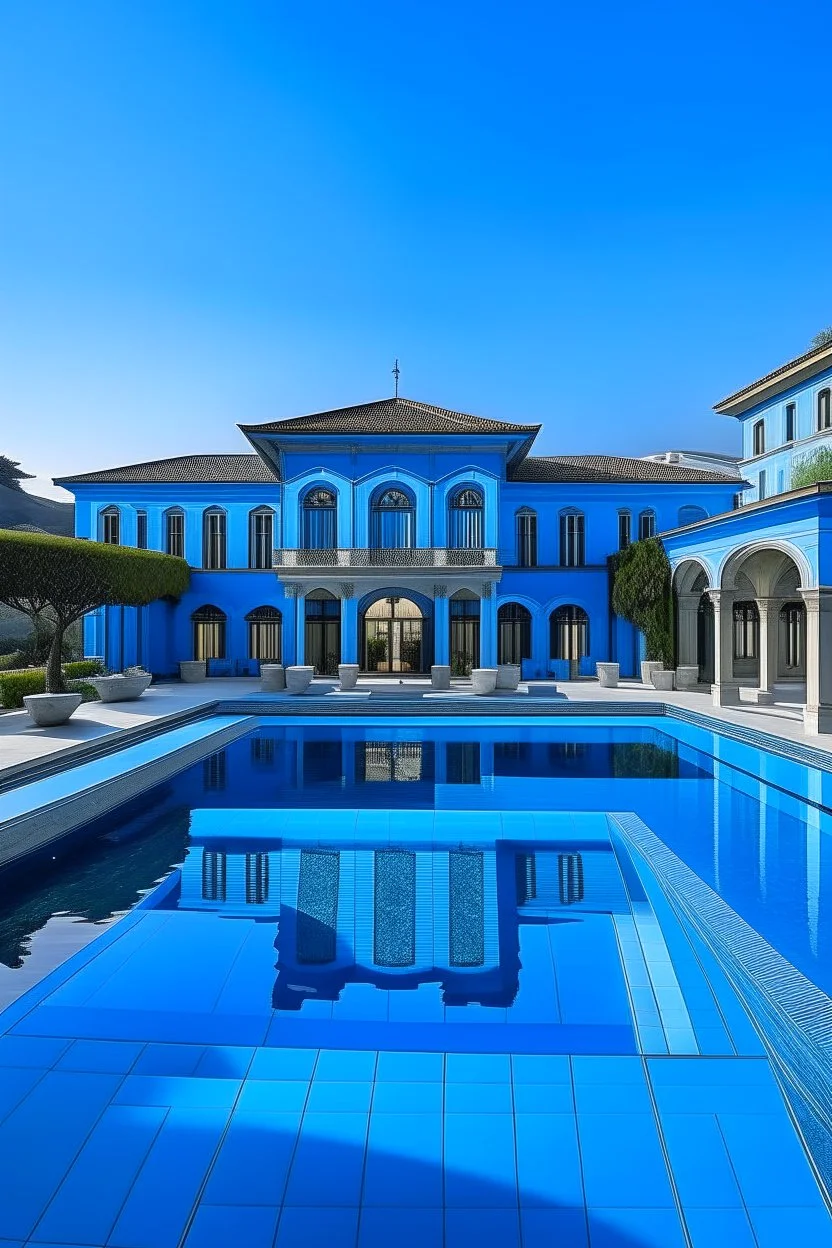 blue mansion with a huge infinity pool and lambergeany