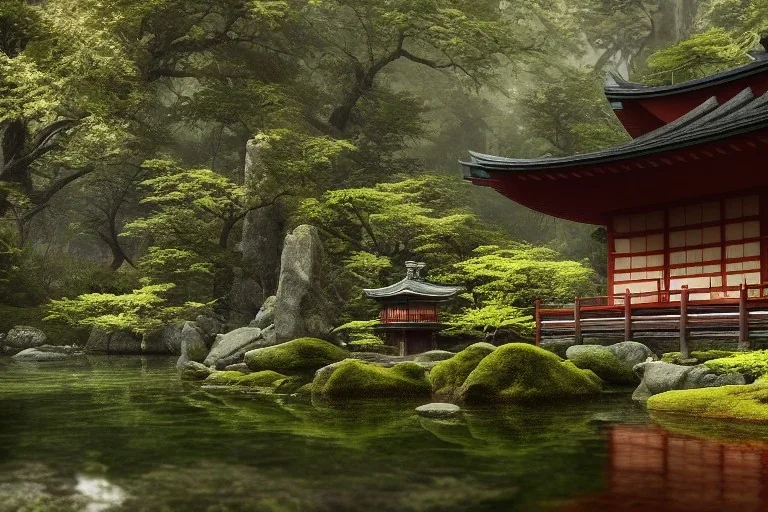 a ancient japanese temple in the middle of a forest mear a small river, extremely highly detailed, high quality, 8k hdr, octane render, unreal engine 5, hyperrealistic, concept art, trending on artstation, dramatic lighting, cinematic, high coherence, path tracing, ruins, clouds in the sky, singular building, centered