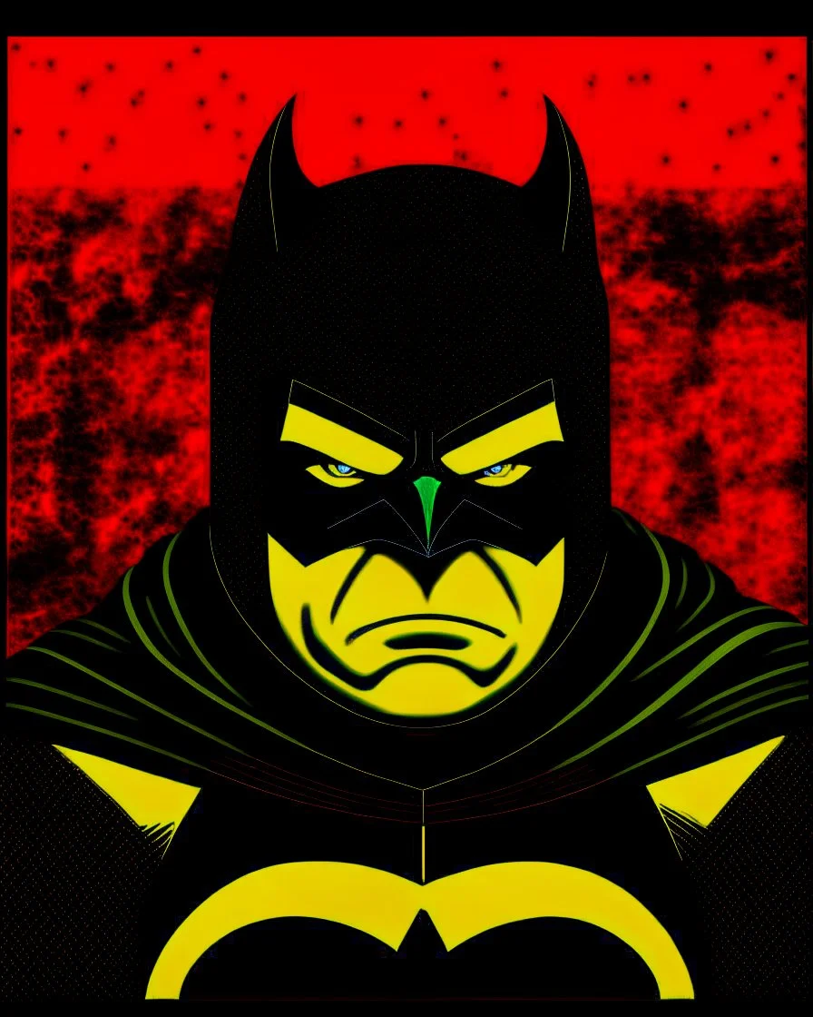 Portriat of the Batman, Fernando Botero style, lineal art, red, black and yellow colors