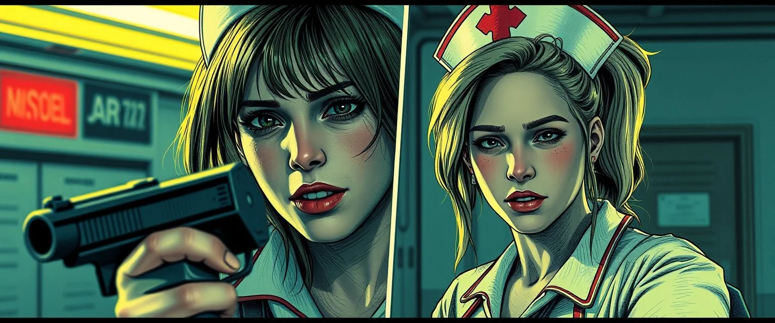 cyberpunk fallout 4, airbrush and pen outline, A cinematic, high-end advertisement image for a fictional service called “Nazi Spice Girl Nurse Surprise Party™”. Split-screen composition with two contrasting emotional states.