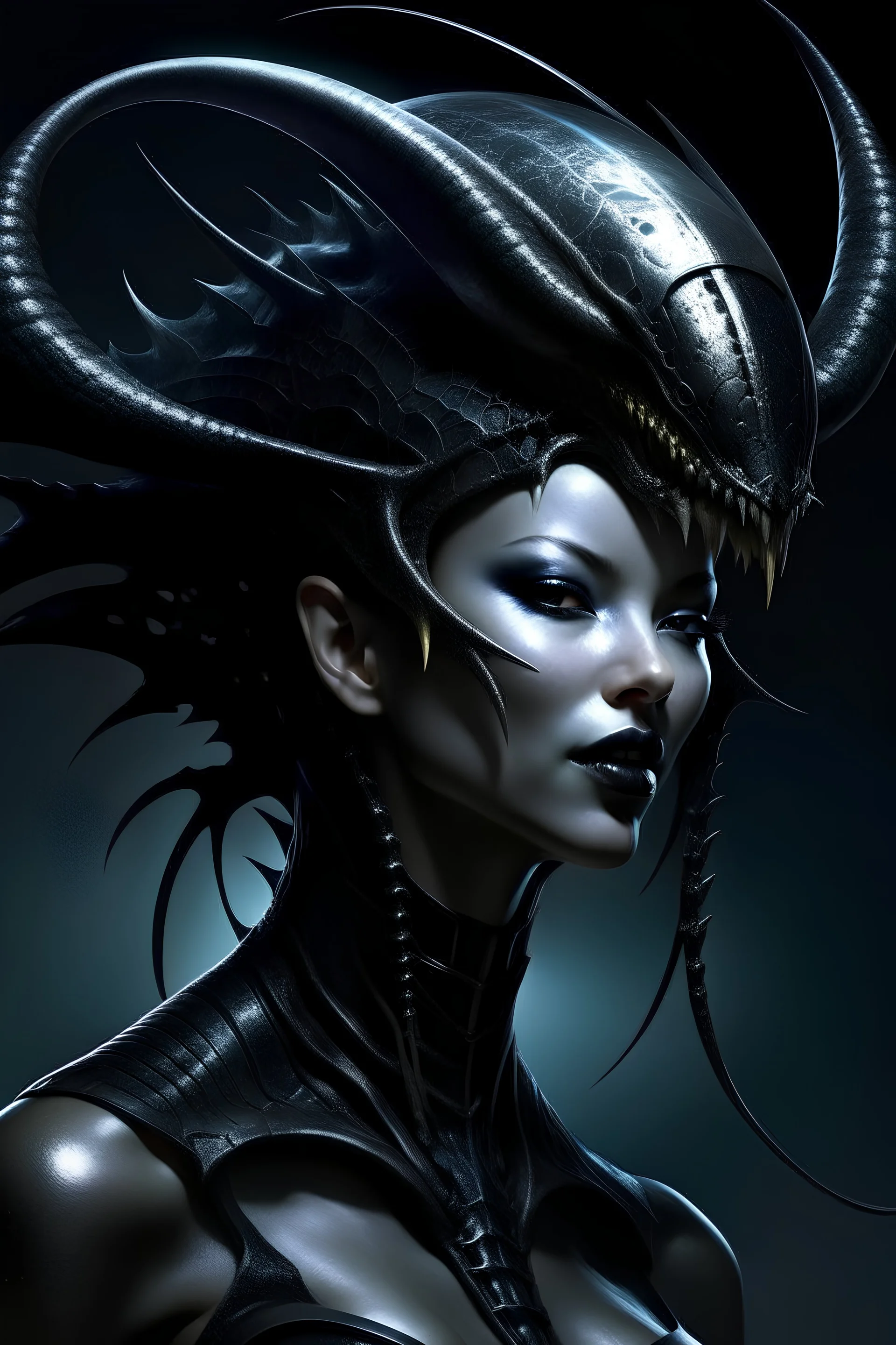 a very beautiful alien queen, with a giant black crown-like carapace on her head, thick lips, with a shiny black spiky carapace covering her entire body, and a long alien tail with a giant spike sharp