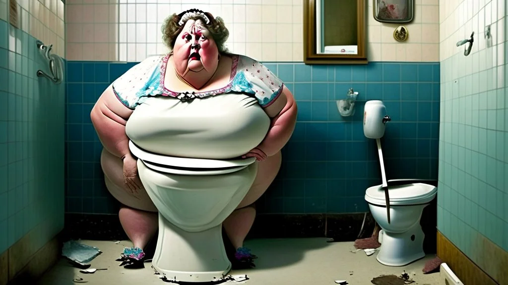 big lady standing by broken toilet