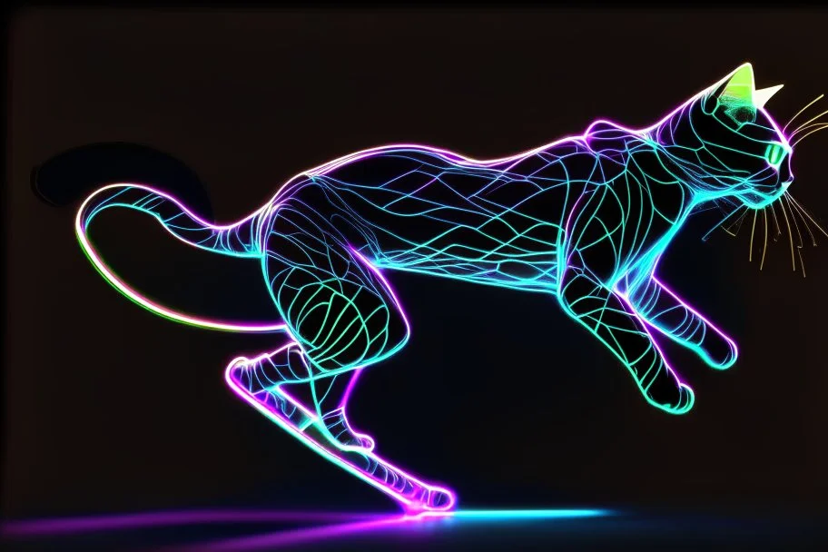 black background, outlines of a full-figure jumping holographic cat, drawn from thin neon-coloured glowing lines