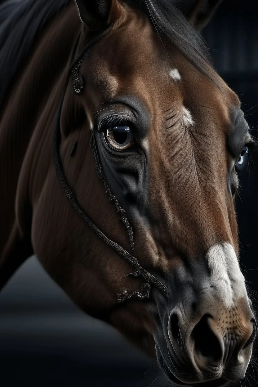 Horse with overly realistic human eyes, scary