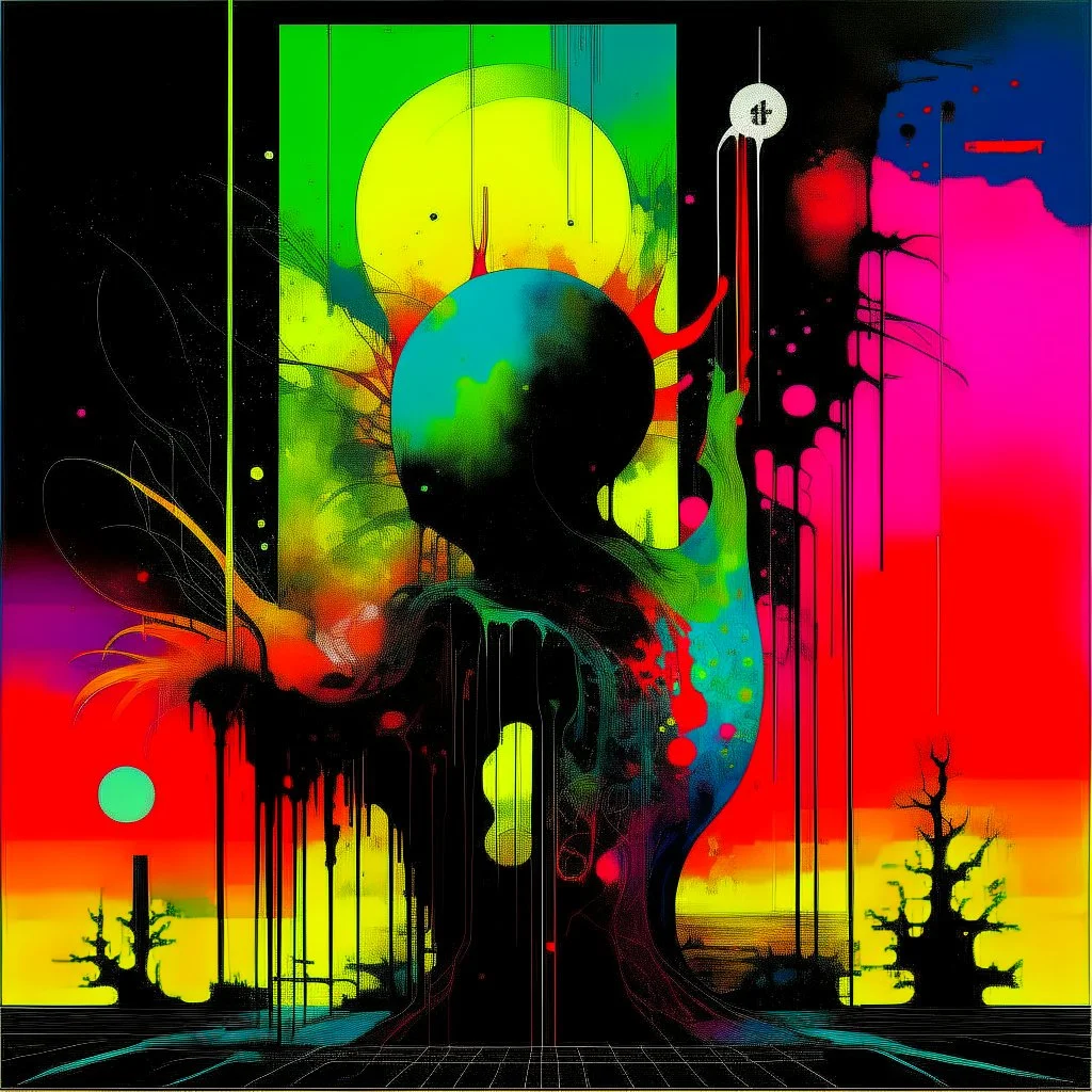 Exponential Eldritch symbolism shift, abstract surrealism, by Graham Sutherland and Dave McKean and Sam Keith, silkscreened mind-bending illustration; asymmetric, synthwave album cover art, acid burn neon colors, atmosphere guided by N(t)=N0​⋅e−kt