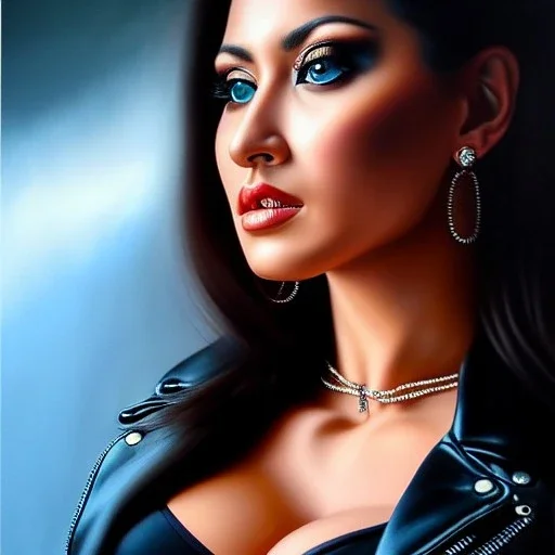 Ultra detailed fullbody Portrait in oil on canvas of busty female Biker,extremely detailed digital painting,ultrarealistic skin,intense stare, extremely detailed face, crystal clear eyes, mystical colors ,perfectly centered image, perfect composition, rim light, beautiful lighting,masterpiece ,8k, stunning scene, raytracing, anatomically correct, in the style of Simon Bisley and uncannyknack and Ohrai Noriyoshi and robert e howard and Steve Jung.