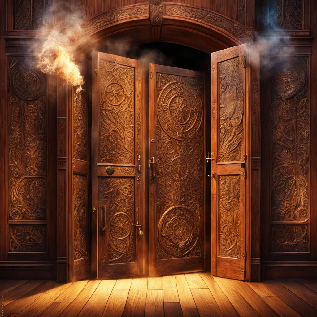 Half opened massive wooden door with lots of engraved magical symbols. Magical smoke coming out of the door opening. Harry Potter. Magical. Epic. Dramatic, highly detailed, digital painting, masterpiece