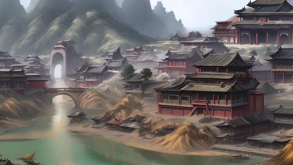 ancient, fantasy, chinese town, dune, crater, sand strom, destroyed chinese houses