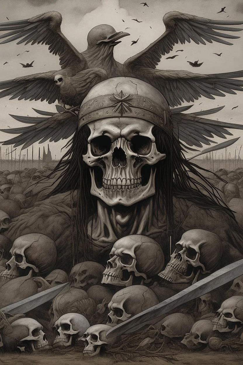 head of a dead warrior put on a top of spear surrounded by crows on the ground