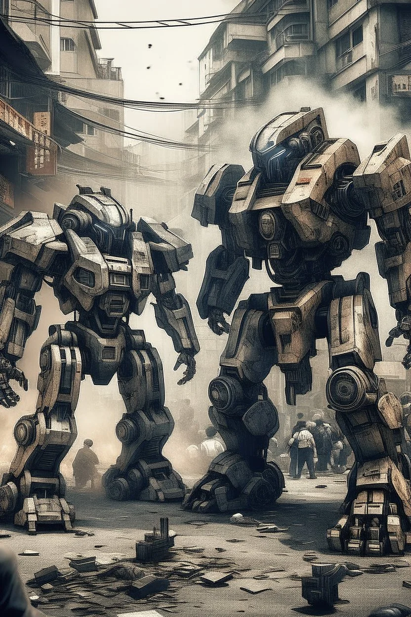 two gigantic robots fighting eachother with different designs heavy armor and a sleek minimalistic design. taken in the streets of NEO TOKYO in the year 2054. smoke and rubble in the background. a crowd of onlookers gather near the edges of the frame. In the style of old 50mm low resolution grainy.